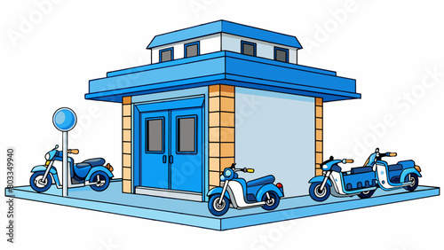 A small police station with a blue and white sign out front with a few parked police motorcycles and bicycles.. Cartoon Vector