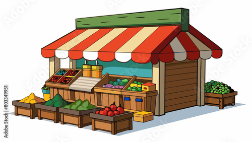 A small neighborhood market with a quaint rustic exterior. Inside there are wooden crates stacked high with fresh locallysourced produce as well as. Cartoon Vector