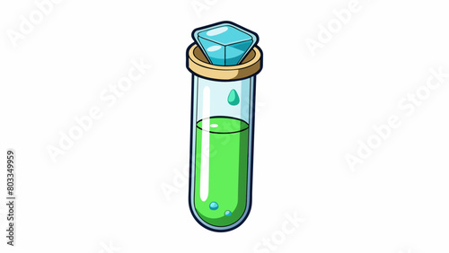 A small test tube containing a clear liquid and a tiny white crystal. As the tube is shaken the crystal dissolves and the liquid changes color from. Cartoon Vector