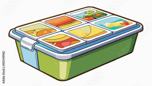 A small rectangular container filled with thin flexible sheets coated in colorful ink. Each sheet has printed images and text that can be turned or. Cartoon Vector