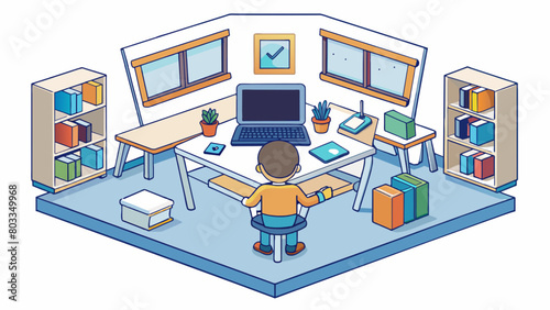 A small room with only a few desks and chairs each occupied by a student and their personal laptop. The walls are lined with shelves filled with. Cartoon Vector
