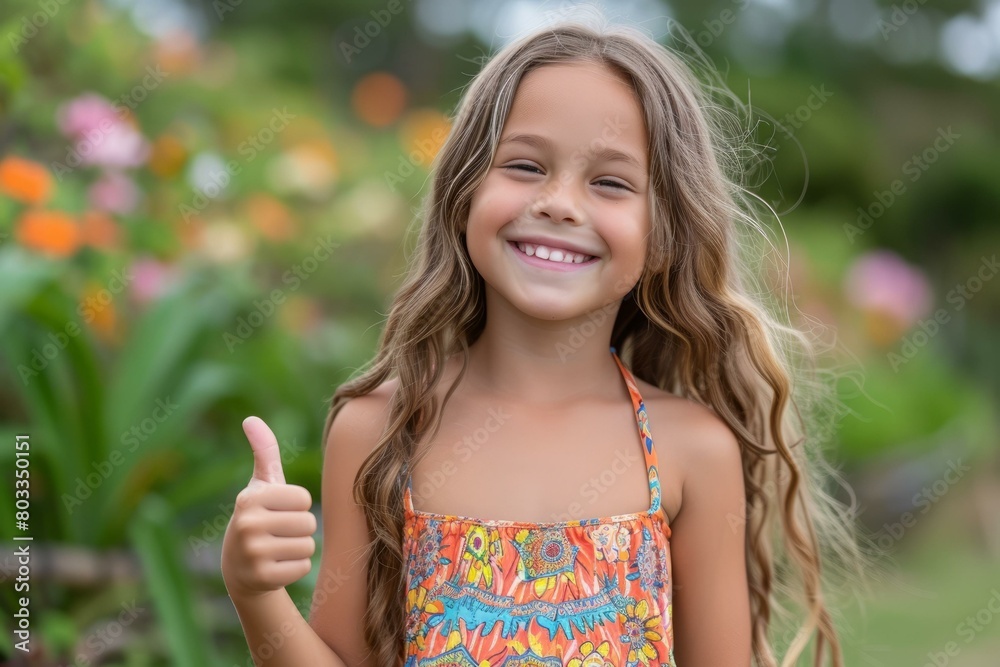 Portrait of a smiling girl with long brown hair giving a thumbs up Portrait of a smiling girl with long brown hair giving a thumbs up