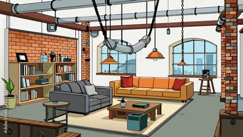 A spacious loft apartment with industrial elements such as exposed pipes and brick walls. A large leather sectional is paired with a reclaimed wood. Cartoon Vector