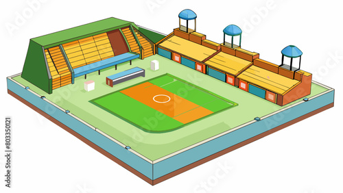 A sports facility with a large wellmaintained field for outdoor activities and a multipurpose indoor court for basketball volleyball and badminton.. Cartoon Vector