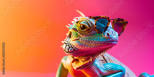 fully point to point portrait of Chameleon wearing mirrored glasses on a multi coloured background Macro cute chameleon in a pair of colorful glasses Cool lizard with sunglasses © Muhammad