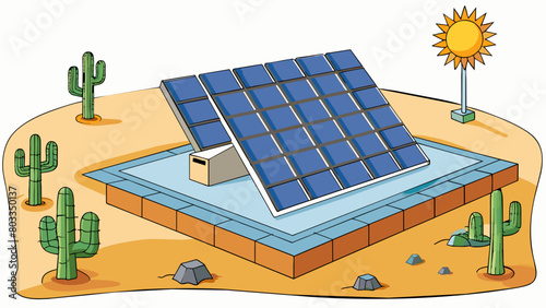 A sprawling array of solar panels arranged on a barren desert landscape. The panels absorb the suns rays and convert them into electricity which is. Cartoon Vector