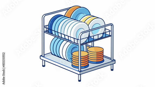 A stack of clean dishes on a drying rack symbolizing the responsibility of cleaning up after oneself and keeping the kitchen or dining area tidy.. Cartoon Vector