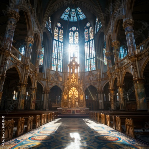 Ornate church interior with stained glass windows photo