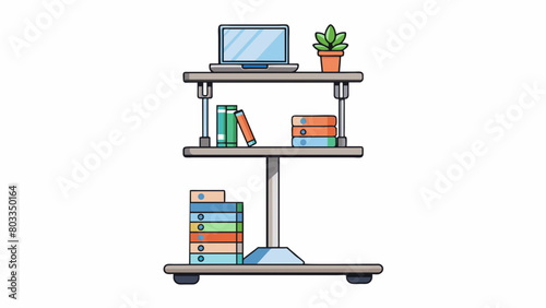 A standing desk made of metal with a lever on the side to adjust the height. The surface has a nonslip texture and there are several shelves attached. Cartoon Vector