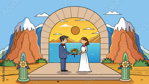 As the sun set behind the mountainous backdrop the couple said their vows in a small intimate ceremony on a cliffside overlooking the ocean. The. Cartoon Vector