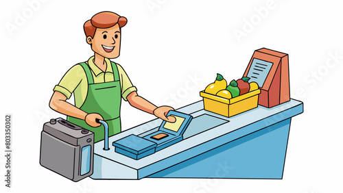 At a grocery store a cashier scans grocery items and places them on the conveyor belt which brings the items to the bagging area. This belt is. Cartoon Vector