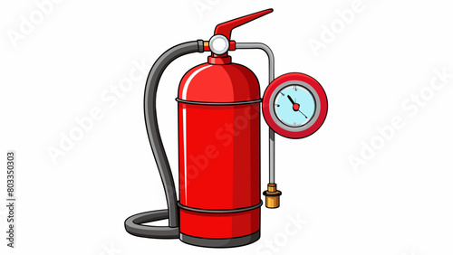 A sy red fire extinguisher with a long hose and a pressure gauge. It has clear instructions on how to operate and a safety pin to prevent accidental. Cartoon Vector