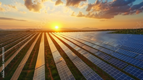 Solar park in desert  sunrise