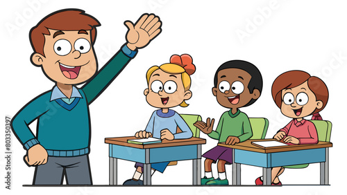 A student asking a question in class A student with their hand raised sitting at a desk facing their teacher. The teacher is listening attentively and. Cartoon Vector