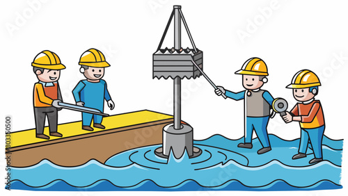 A team of engineers carefully lowered a large drill bit into the ocean preparing to explore the depths of the seafloor. The drills metal cables and. Cartoon Vector