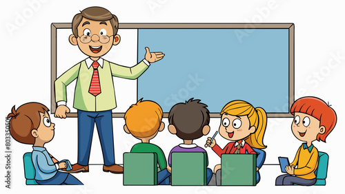A teacher in a classroom standing in front of a whiteboard and eagerly engaging with a group of students. They use their knowledge and communication. Cartoon Vector