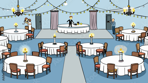 At a wedding reception round tables with white linens and centerpieces are arranged elegantly in a ballroom. Soft music is playing in the background. Cartoon Vector