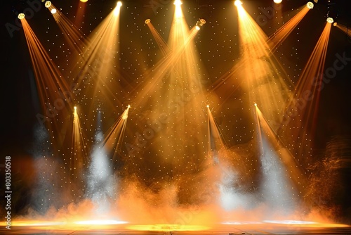 Illuminated stage with scenic lights and smoke. Yellow spotlight with smoke volume light effect on black background.