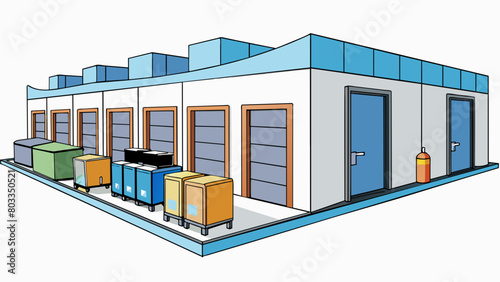 A temperaturecontrolled facility with numerous refrigeration units and storage areas. The walls are lined with insulated panels to maintain a. Cartoon Vector