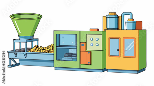 A tall sy machine with a large hopper on top and a rotary wheel in the center. As the wheel rotates it collects plastic pellets from the hopper and. Cartoon Vector