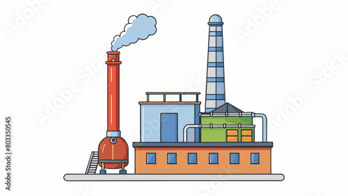 A tall metal smokestack towering above a factory equipped with a scrubber at the top that removes dangerous chemicals from the smoke before it is. Cartoon Vector