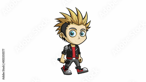 A teenage boy with spiky hair and multiple piercings confidently strolling down the street with his skateboard in hand. His black leather jacket bears. Cartoon Vector