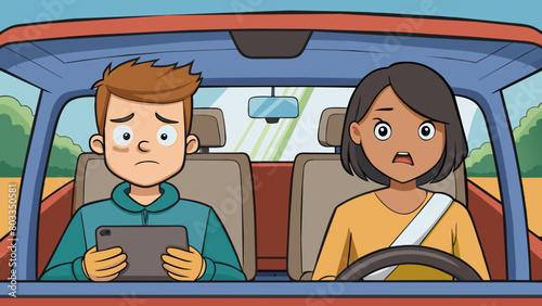 A teenage boy sits in the back seat of a car staring out the window at the passing scenery. He fiddles nervously with his phone in his lap. Cartoon Vector