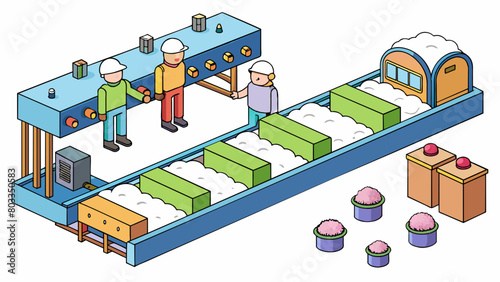 A textile production line This industrial chain begins with the cultivation of cotton plants which are then harvested and sent to a processing plant.. Cartoon Vector