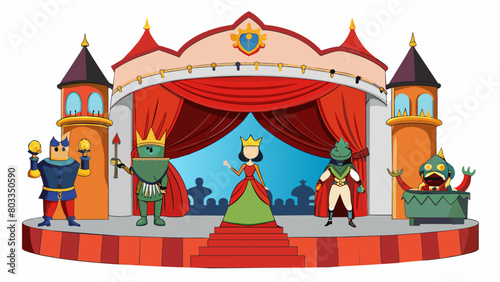 A theater stage is set with a grand ornate set design of a castle. Actors in elaborate costumes and makeup take the stage performing a classic tale of. Cartoon Vector