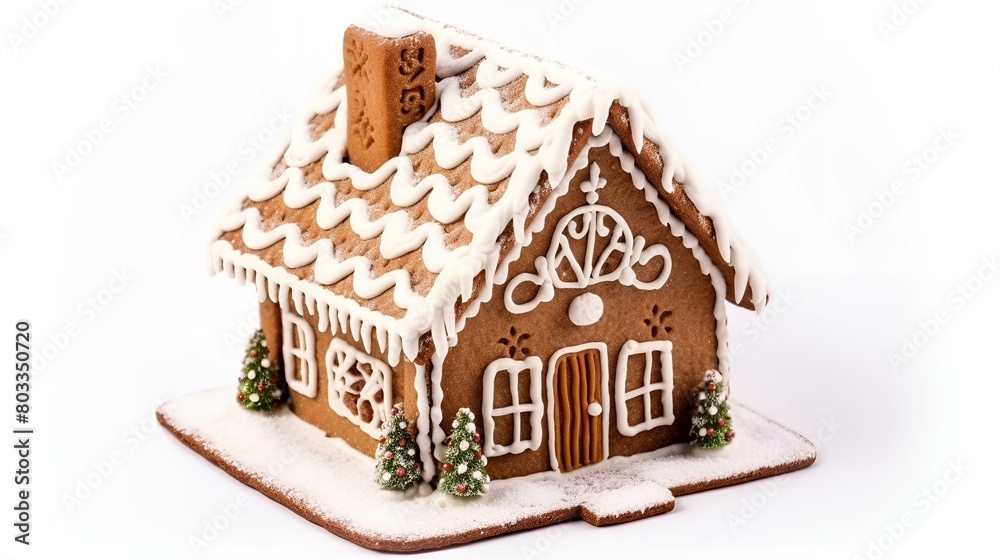  A gingerbread house with colorful decorations on white.