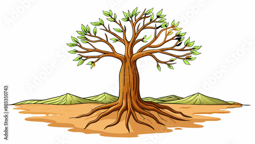 A tree standing tall and proud in the midst of a barren landscape its roots anchored deep in the ground and its branches reaching towards the sky.. Cartoon Vector