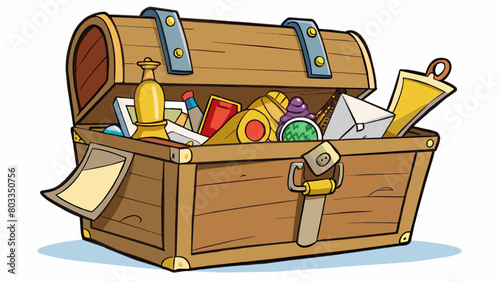 A treasure chest full of old trinkets and souvenirs each one carefully stored and labeled with a handwritten note. As you sift through the items. Cartoon Vector