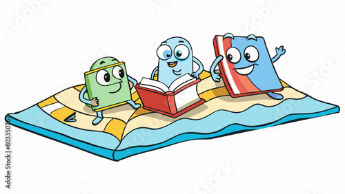 At the beach a group of friends lounge on beach towels each engrossed in a different book. The sound of crashing waves provides a soothing background. Cartoon Vector