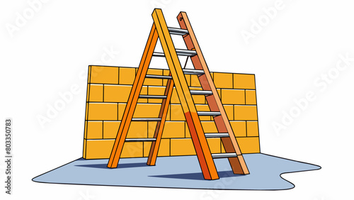 At the construction site a ladder made of bright orange fiberglass was set up against the building. It had a wide base with antislip feet and rungs. Cartoon Vector photo