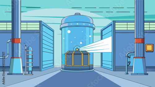 At the entrance of a factory a large metallic cylinder can be seen pulsating with a soft blue light. This is a stateoftheart scrubber system designed. Cartoon Vector