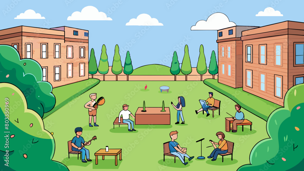 A wide grassy quad surrounded by towering trees and old brick buildings. The sun shines down on students lounging on picnic blankets and playing. Cartoon Vector