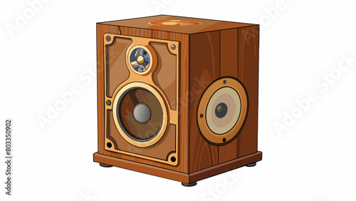 A vintagestyle speaker fashioned from wood and adorned with intricate carvings. It has a large circular speaker on the front and a for adjusting the. Cartoon Vector