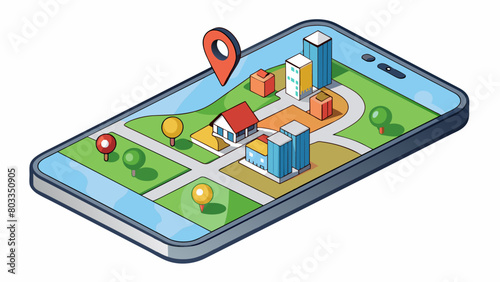 A virtual map displayed on a smartphone screen indicating the users current location and the best route to a desired destination. The map is updated. Cartoon Vector