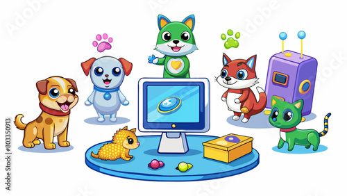 A virtual pet game where users can adopt and care for their own digital animals complete with feeding grooming and playing activities.. Cartoon Vector