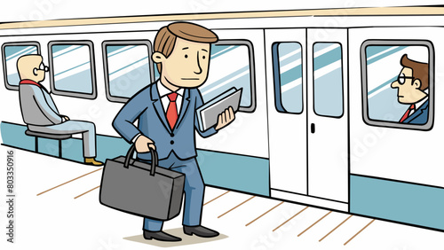 A weary businessman boards a bustling subway train carrying a sleek black briefcase and checking emails on his phone. He takes a seat near the door. Cartoon Vector