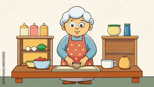 A warm comforting aroma fills the kitchen as an apronclad grandmother skillfully kneads dough on a wellworn wooden counter. The walls are adorned with. Cartoon Vector