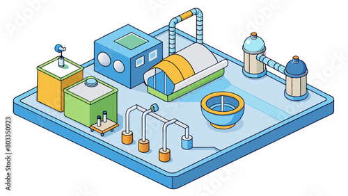 A water treatment plant program is used to treat and purify water for distribution to homes and businesses. The program includes objects for different. Cartoon Vector