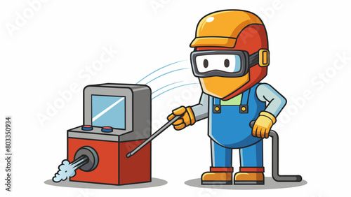A welder wearing a protective mask and gloves using an arc welding machine to fuse two pieces of metal together. The resulting weld is strong and. Cartoon Vector