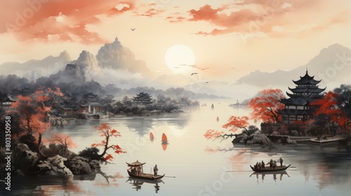 Oriental lake landscape painting with boats and mountains