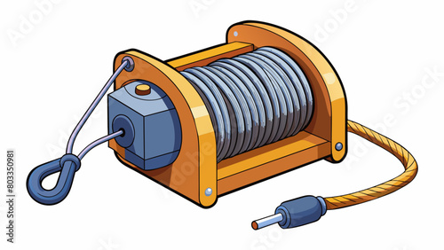 A winch with a compact body and a long coiled rope that can be powered by electricity or manually cranked. It is commonly used for pulling or lifting. Cartoon Vector