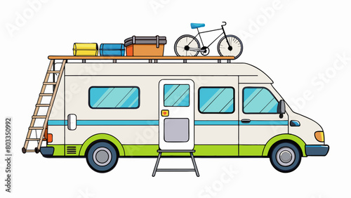 A white camper van with a raised roof and a colorful mural painted on the side. It has a bike rack on the back and a small ladder leading to the roof.. Cartoon Vector