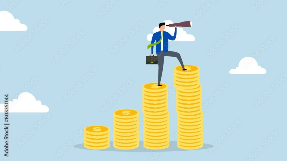 Financial visionary, 4k animation of businessman head on growth money stack using a telescope or spies looking forward to a bright future. Financial visionary, 4k animation of businessman head on growth money stack using a telescope or spies looking forward to a bright future.