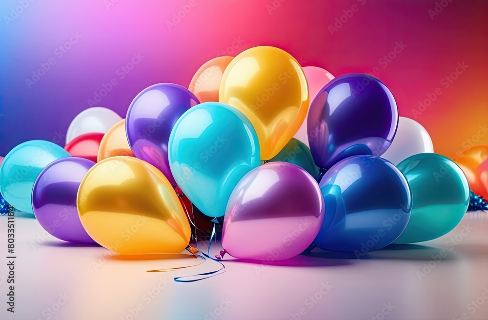 Set of some multicolored helium balloons floating on blurred colorful background. Balloons for birthday, party, wedding or promotion banners or posters. Set of some multicolored helium balloons floating on blurred colorful background. Balloons for birthday, party, wedding or promotion banners or posters.