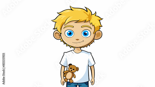 A young boy with messy blonde hair and bright blue eyes wearing a stained white tshirt and holding a worn teddy bear.. Cartoon Vector