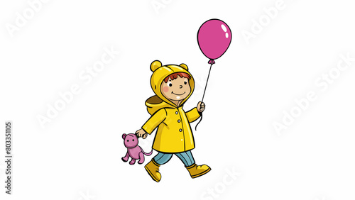 A young child with a teddy bear tucked under one arm skipping down the sidewalk with a bright pink balloon trailing behind her. Her bright yellow. Cartoon Vector